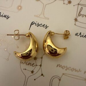 Shiny Gold Crescent Moon Stud Half Hoop Earrings